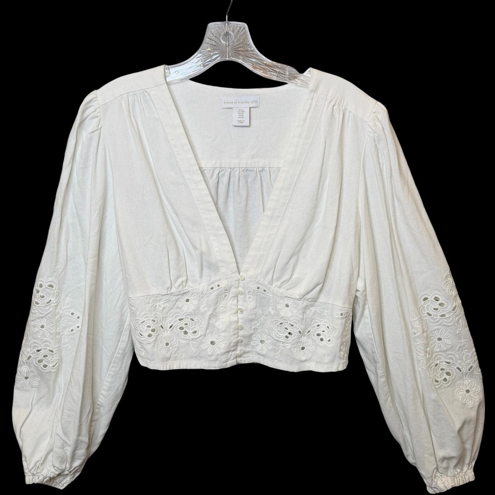 House of Harlow 1960 Eyelet Crop Top Womens White Linen Balloon Sleeve Boho M